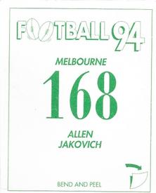 1994 Select AFL Stickers #168 Allen Jakovich Back